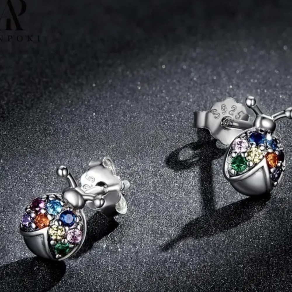 beautiful Sterling Silver Ladybug Colorful CZ Stud Earrings